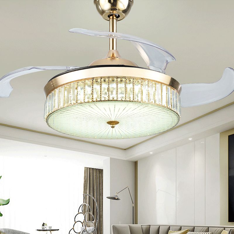4 Blades Gold Drum Semi Flush Mount Contemporary Crystal Prisma LED Deckenlüftungslampe, 19 "breit