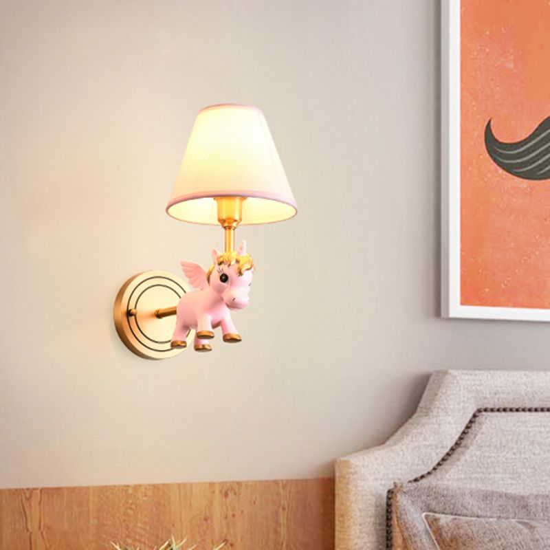 Kid Flying Unicorn Wall Mount Light Kids Resin Child Room Wall Light Fixture with Tapered Fabric Shade