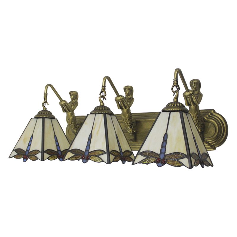 Tiffany Dragonfly Sconce Lighting 3 Heads Beige Glass Wall Mount Light with Mermaid Backplate