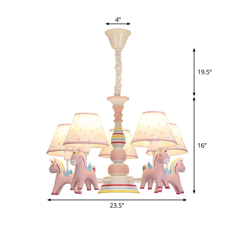 Resin Rainbow Unicorn Chandelier Lighting Cartoon Pink Pendant Light with Tapered Fabric Shade