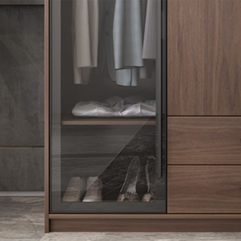 Brown Wood Wardrobe Armoire Modern Freestanding Wardrobe with Self Close Drawers
