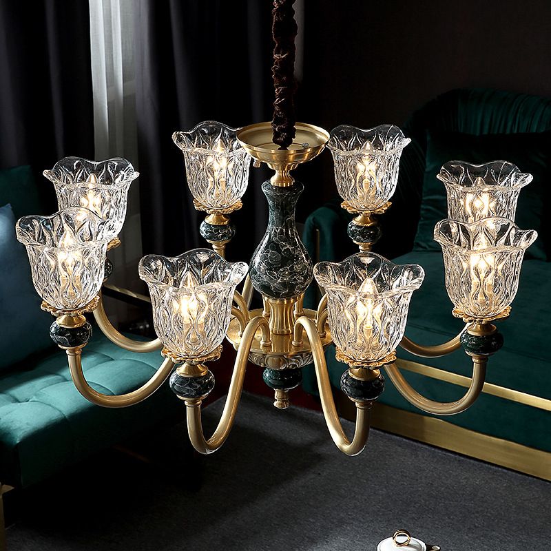 Traditionele wijd uitlopende plafondverlichting gesneden glazen kroonluchter lichtarmatuur met ruchrand in messing
