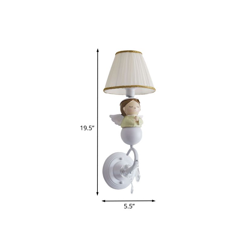 Fabric Barrel Wall Light Fixture Cartoon 1-Head White Wall Sconce Lamp with Resin Angel Design