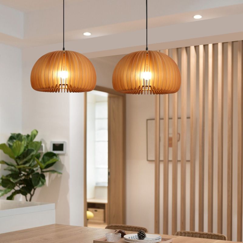 Pumpkin Ceiling Pendant Lamp Nordic Style Wood Dinning Room Suspension Pendant in Beige