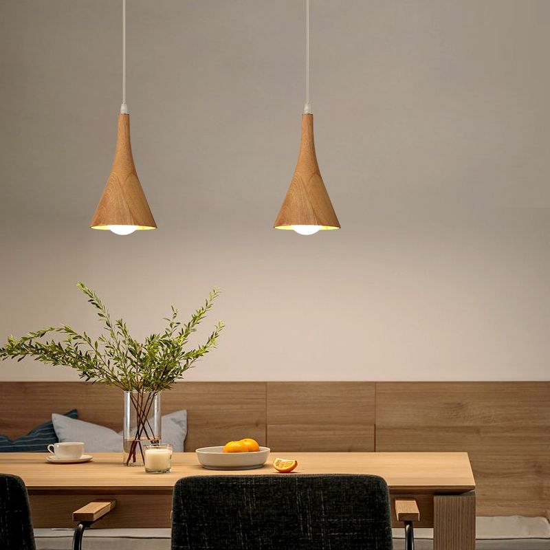 Nordic Cone Shade Pendant Light Fixture Solid Wood Dining Room Hanging Lamp
