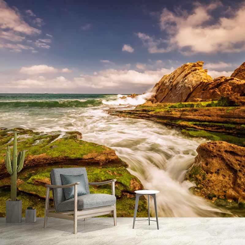 Sea Tide and Rock Mural Wallpaper Blue-Brown Tropical Wall Covering for Living Room