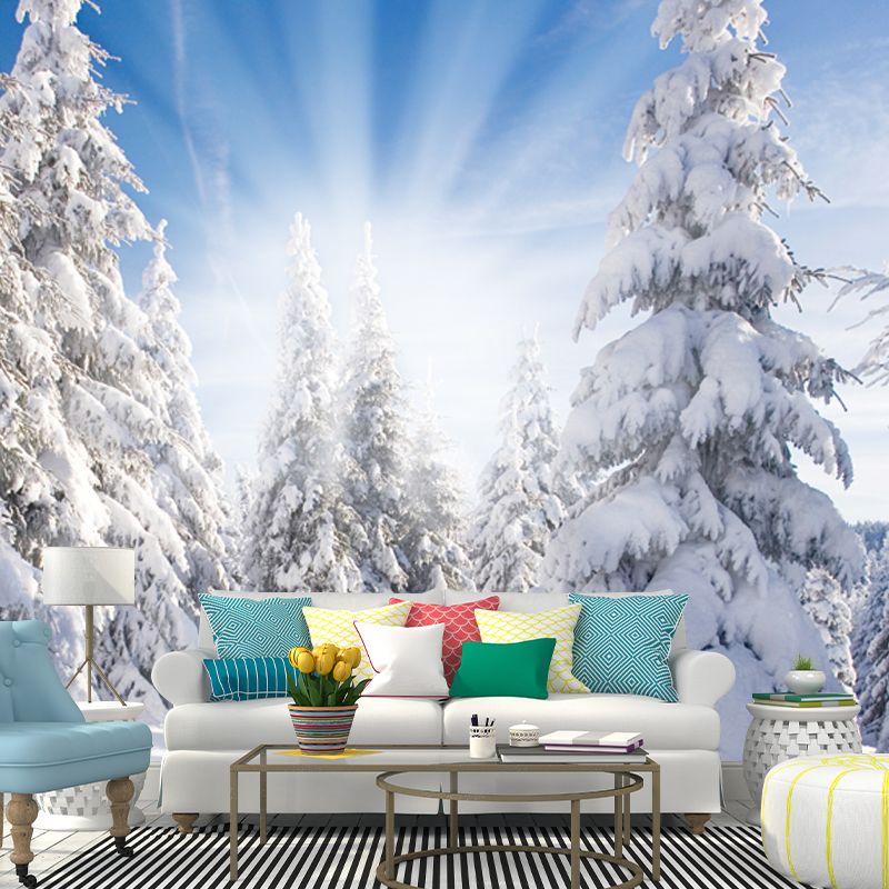 Full Size Winter Morning Mural Indoor Snowy Cypress Wall Decor in White, Waterproof