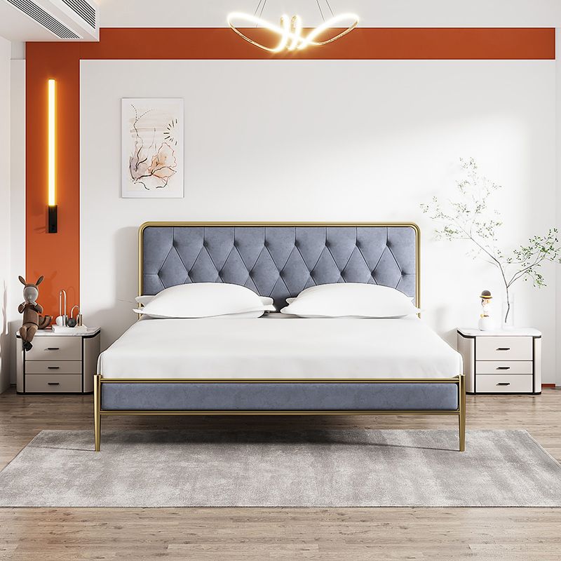 Tufted Upholstered Bed with Headboard Faux Leather Bed with Metal Legs