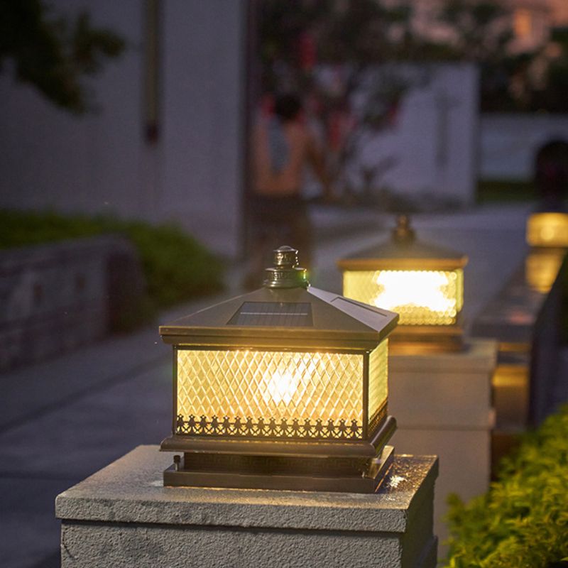 Metal Rectangular Shape Outdoor Lights Modern Style 1 Light Solar Pillar Lamp in Bronze