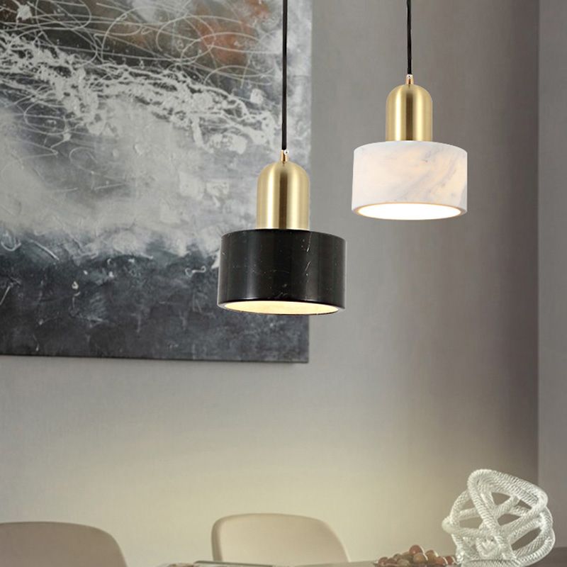 Drum Hanging Light Fixture Modern 1-Light Suspension Lamp with Stone Shade for Restaurant