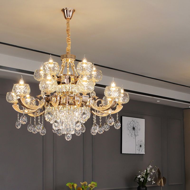 Faceted Glass Gold Chandelier Lighting Oblate Classic Pendant Light with Crystal Draping