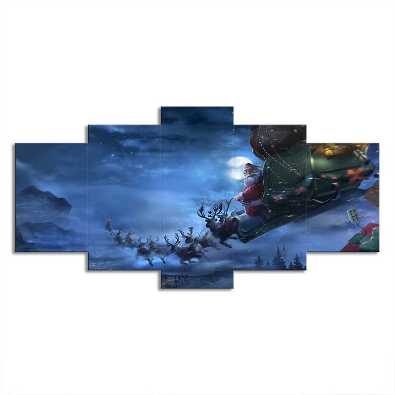 Moon Night Deer Carriage Art Print Kids Dreamy Christmas Wall Decor in Blue for Room
