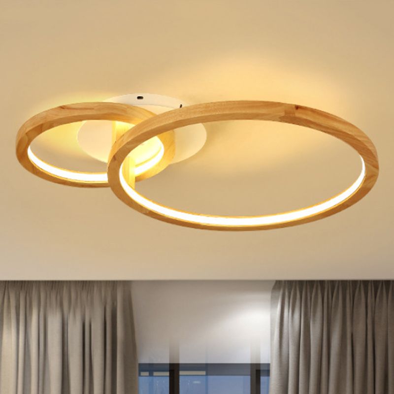 2-Tier Ring Wood Semi Flush Lamp Modern Led Brown Flush Semi Ceiling Light for Bedroom in Warm Light, 21.5"/28" Wide