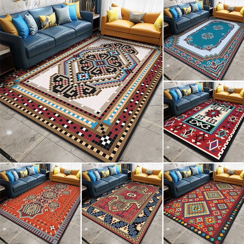 Multi Color Geometric Rug Synthetics Moroccan Carpet Stain Resistant Machine Washable Anti-Slip Rug for Living Room