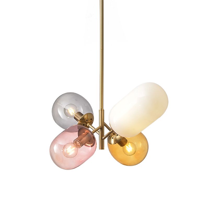 Gold Elliptical Hanging Chandelier Simple 4 Bulbs Multicolored Glass Pendant Lamp for Dining Room