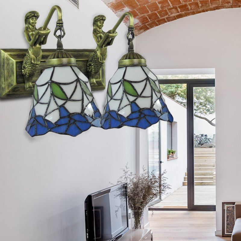 2 Heads Hallway Sconce Light Mediterranean Antique Bronze Wall Mount Lamp with Flared Blue and White Glass Shade