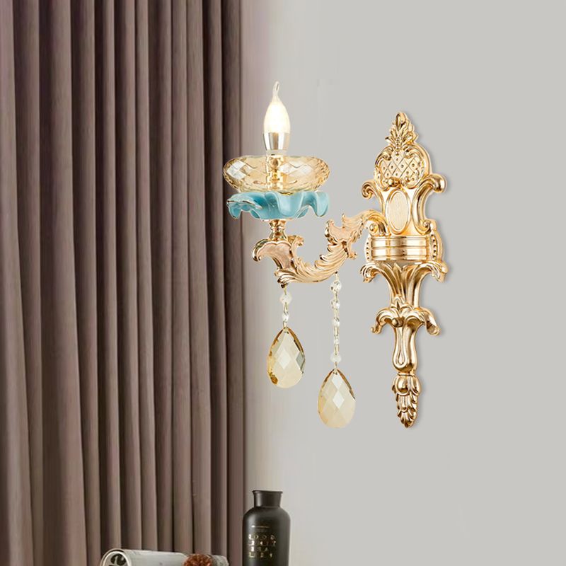Antiqued Candlestick Wall Mount Lamp 1/2-Light K9 Crystal Sconce Light Fixture with Ceramic Accent in Gold