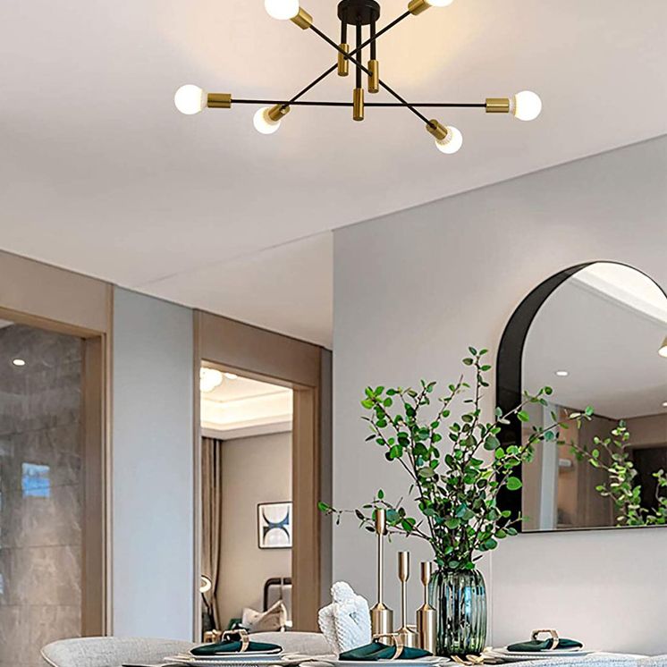 Industrial Vintage Radial Semi-Flush Mount Metal Ceiling Fixture in Black and Gold