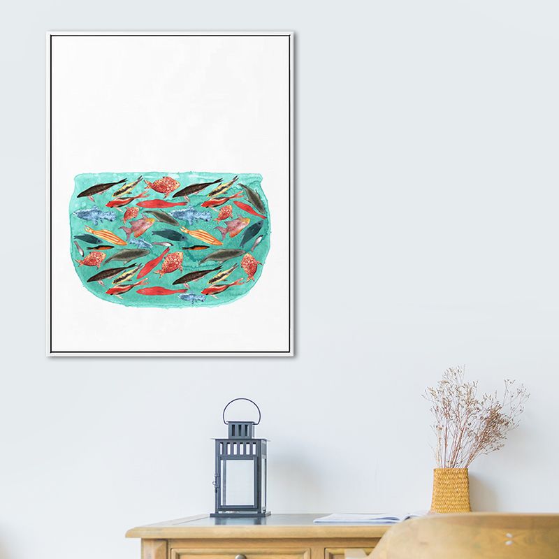 Cartoon Kids Art Print Fish in Aquarium Green Canvas for Living Room, Multiple Sizes Available