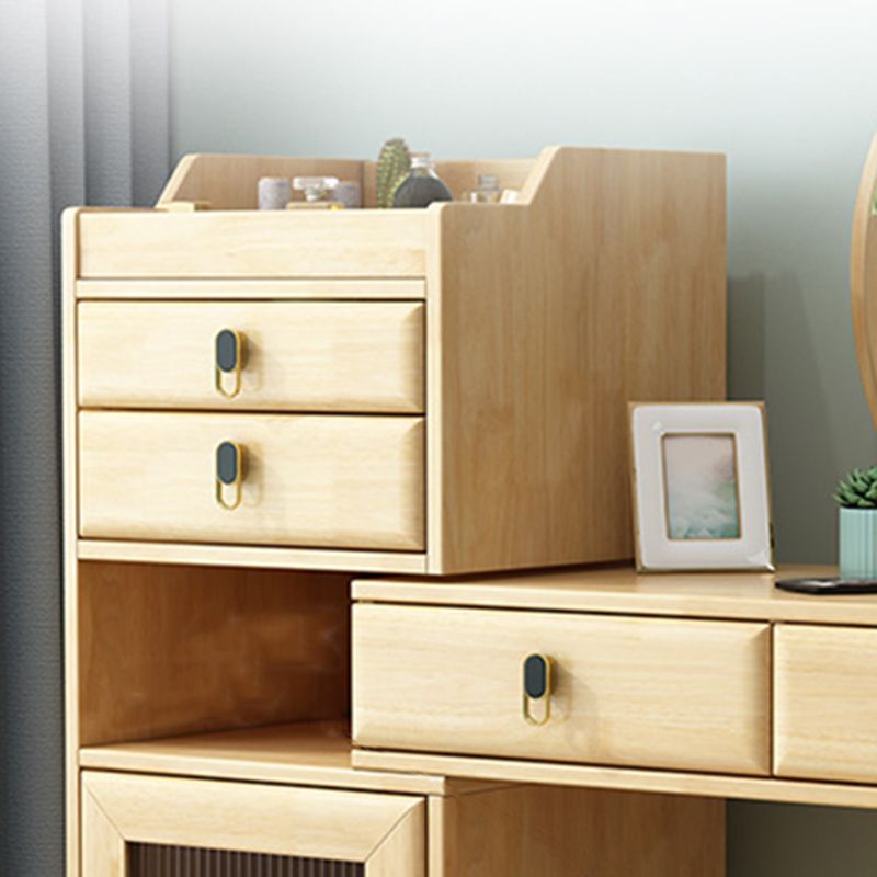 Wood Vanity Set with Stool and Mirror Scandinavian 4 Drawers Dresser