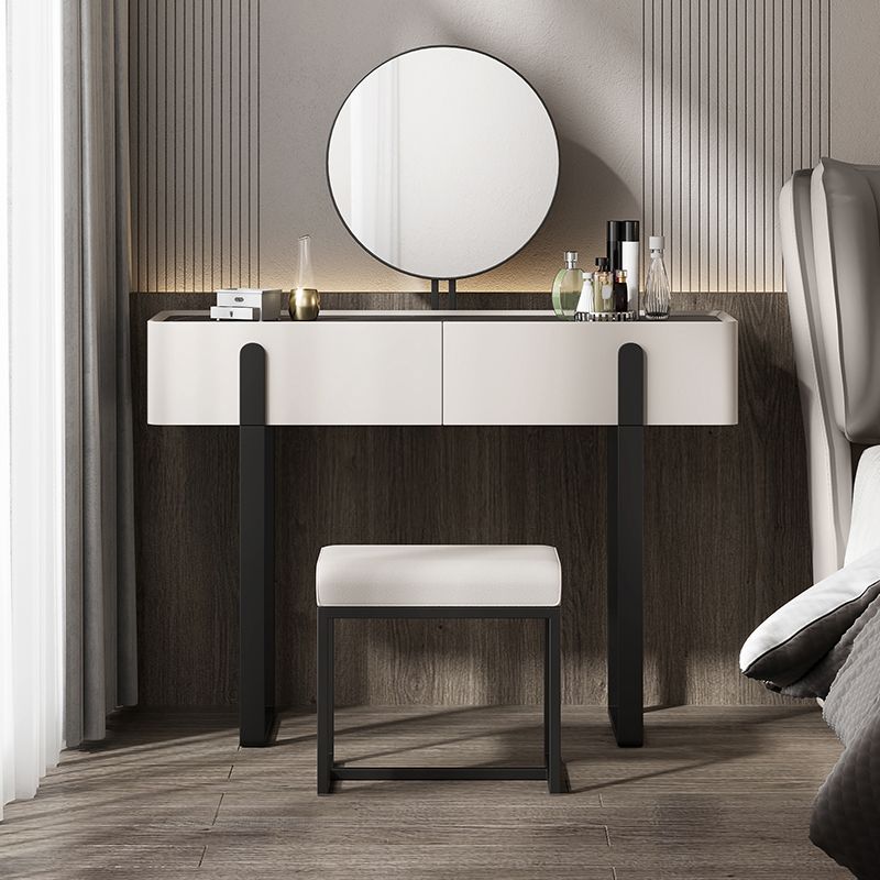 Contemporary Stone Top Vanity Desk 2-Drawer Dressing Table with Stool