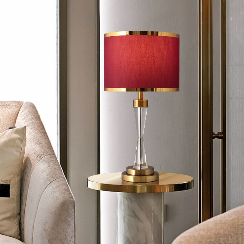Fabric Shade Red Table Light Round 1 Head Traditional Crystal Night Stand Lamp for Living Room