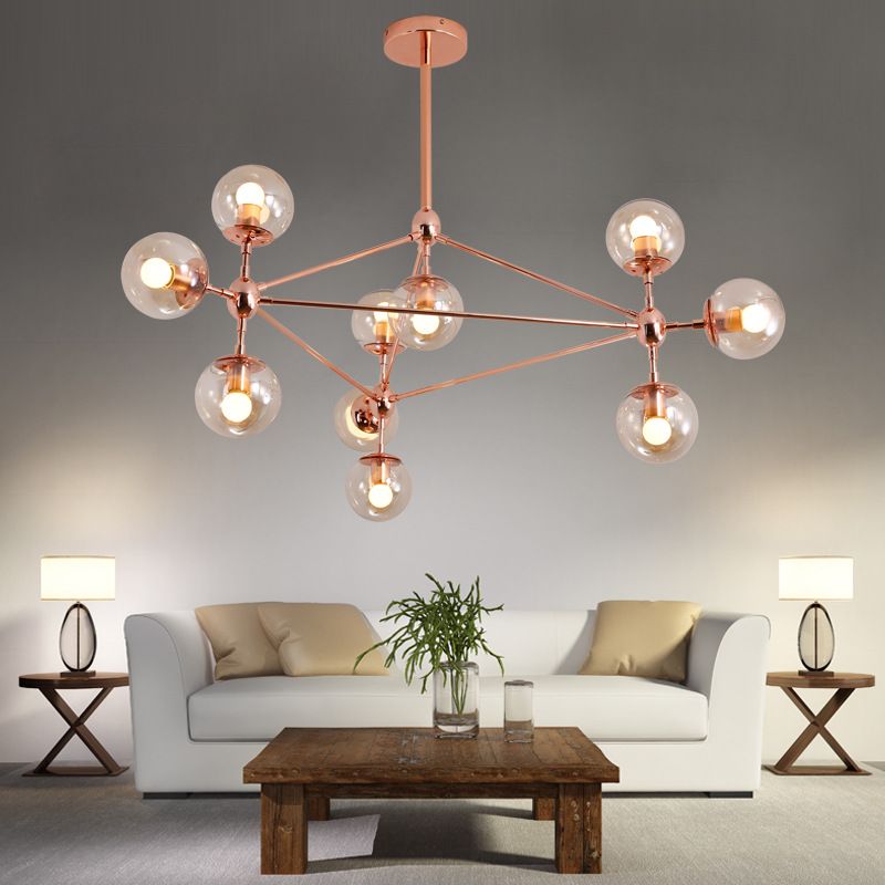 Postmodern Geometric Suspension Light Clear Glass Dining Room Chandelier in Rose Gold
