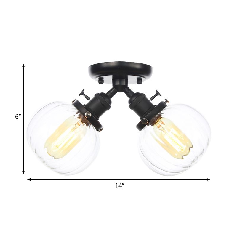 Amber/Clear Glass Ball Semi Flush Light Industrial Style Style 2 Heads Black/Bronze Affermazione per il ristorante