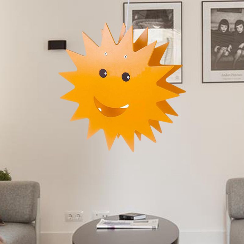 Wood Smiling Sun Hanging Lighting Cartoon 1 Light Yellow Finish Pendant Ceiling Lamp