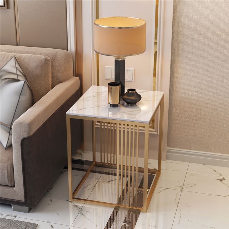 Golden Frame End Table 19.69" Tall Square Stone Sofa Side Accent Table