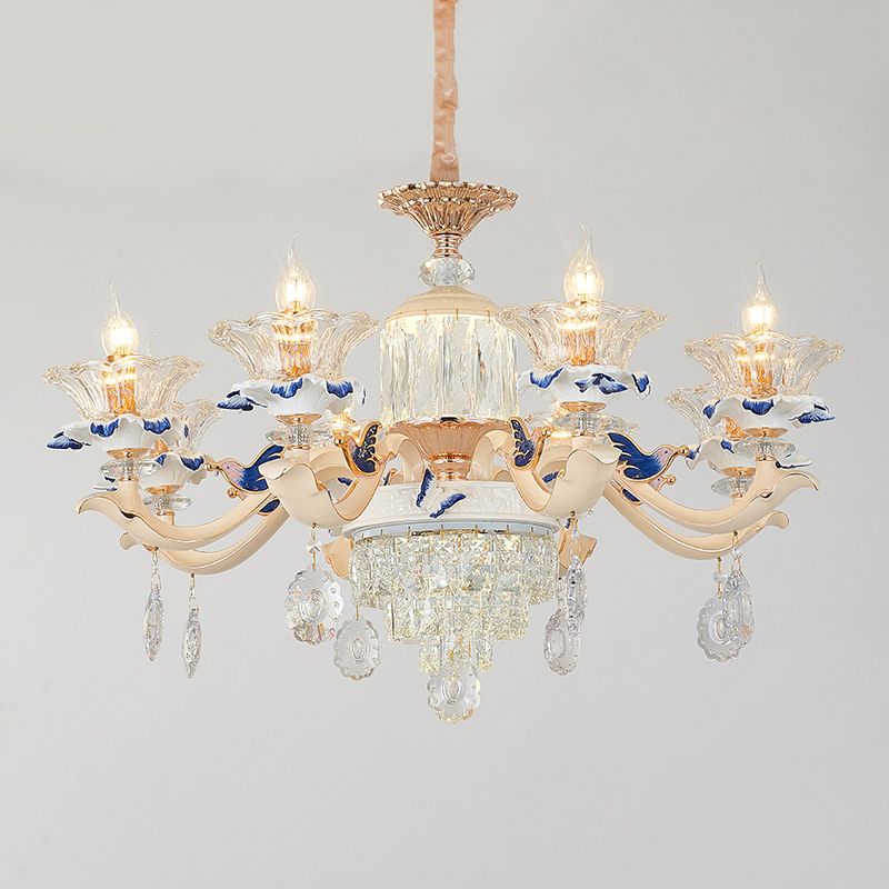 Flower Ribbed Glass Suspension Light Retro Style Living Room Chandelier Light with Crystal Draping in White