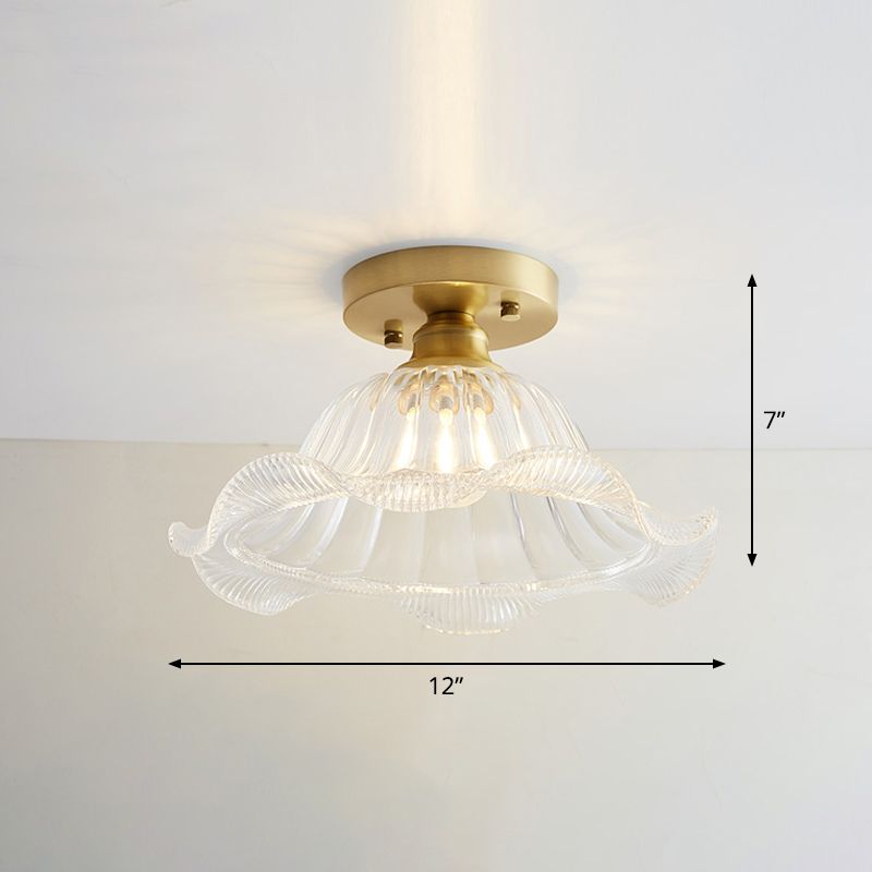 Industrial Small Ceiling Light Fixture 1-Light Textured Glass Semi Flush Mount in Brass for Aisle
