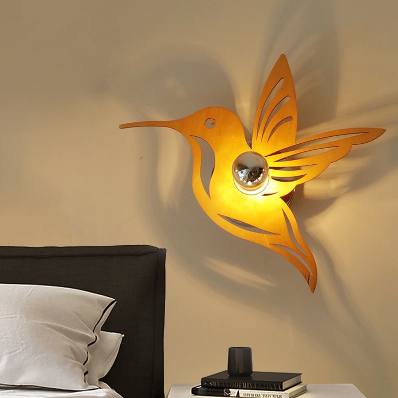 Contemporary Bird Shaped Sconce Light Wood 1 Bulb Bedside Wall Mount Lamp in Beige