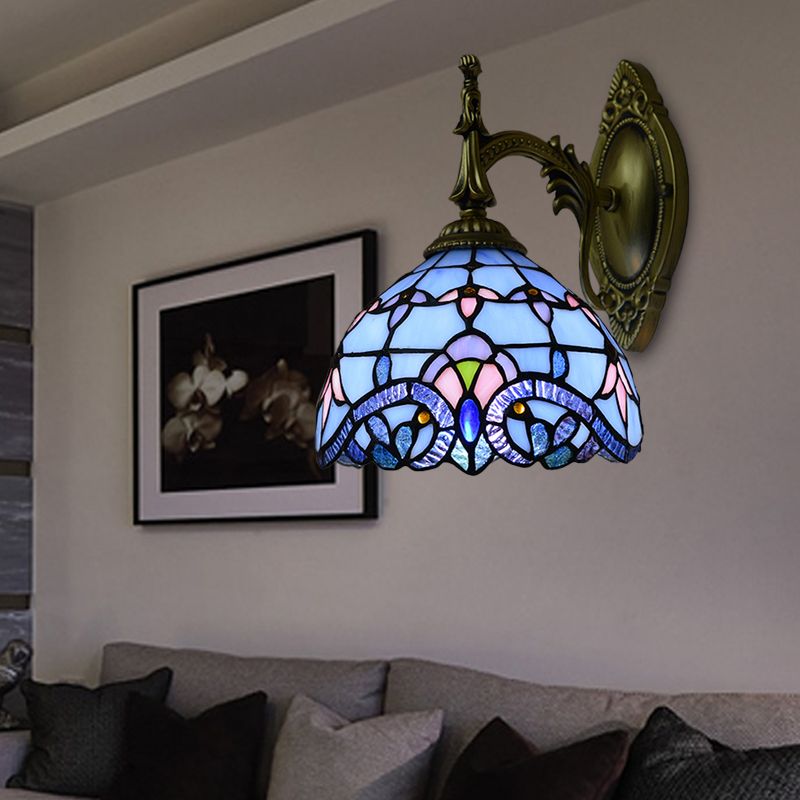 Victorian Wall Sconce with Bowl Shade Stained Glass 1 Head Wall Lighting in Blue for Living Room
