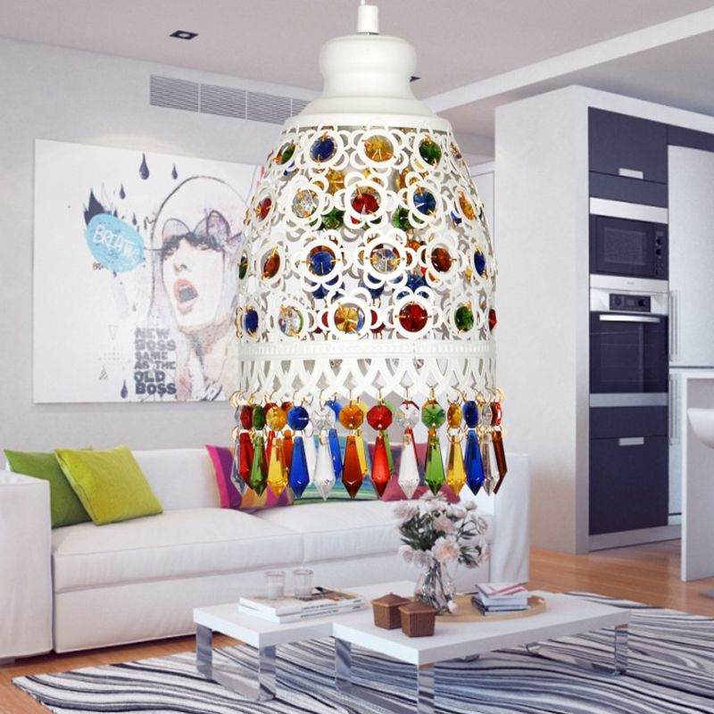 Bohemian Dome Pendant Lamp 1 Light Metal Hanging Ceiling Light in White for Living Room