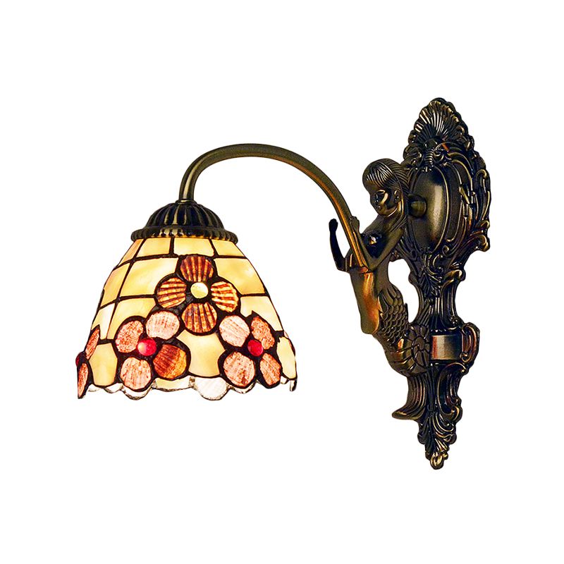 Floral Sconce Light Fixture Tiffany Beige Glass 1 Head Bedroom Wall Mount Lighting