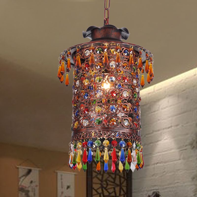 Bohemian Cylinder Drop Pendant 1 Bulb Metal Hanging Ceiling Light in Copper for Balcony