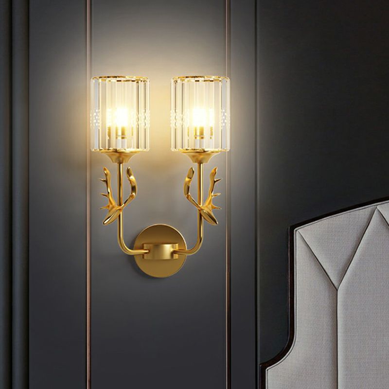 Cylinder Wall Mount Light Nordic Crystal Prism Wall Sconce with Antler Decoration