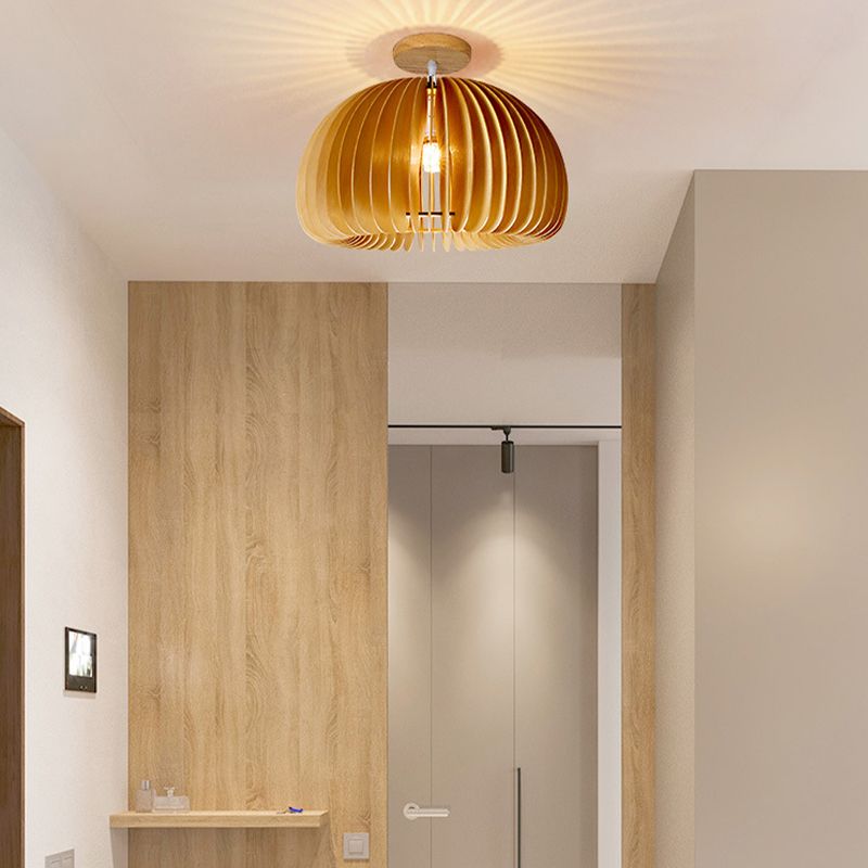 Modern Ceiling Light 1-Light Ceiling Mount Light with Wooden Shade for Bedroom