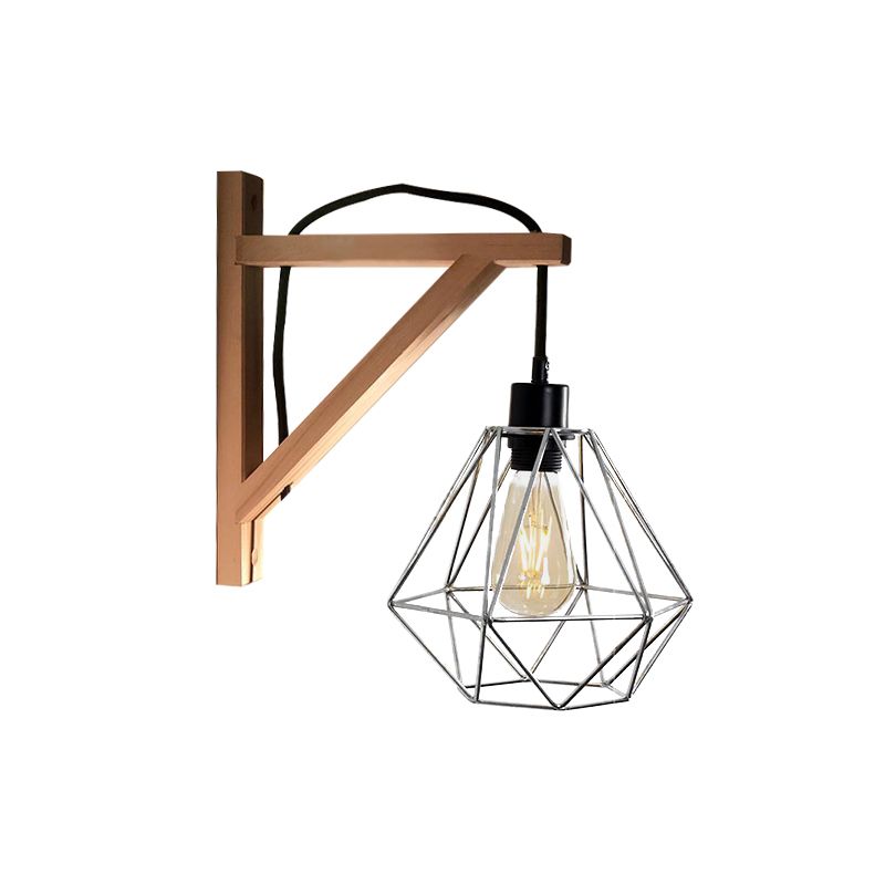 Negro 1 Lámpara de pared ligera estilo Loft estilo de hierro en forma de hierro/jaula de diamante/jaula de pared de la jaula de pájaros en negro con abrazadera de madera