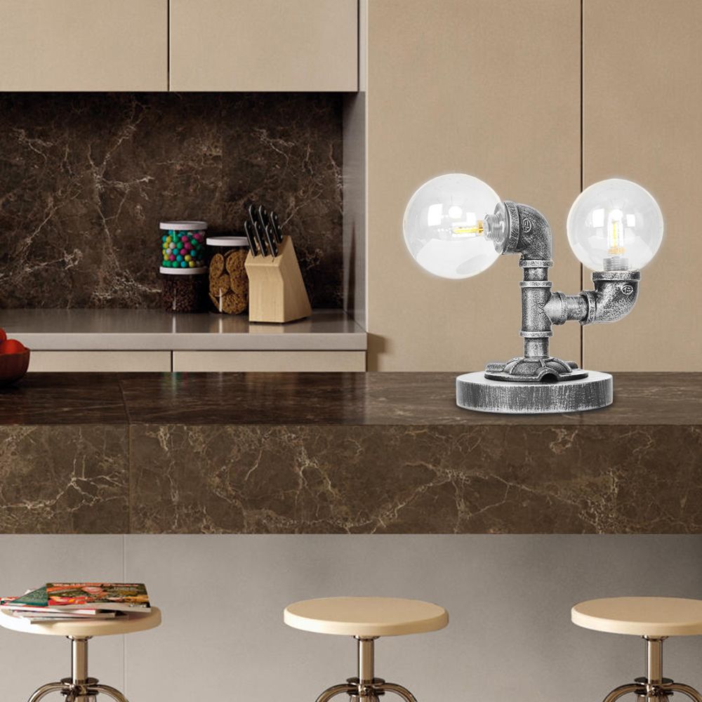 Lámpara de escritorio de 2 luces Sombra redonda industrial de sombra transparente/iluminación de mesa de vidrio ámbar en plata antigua