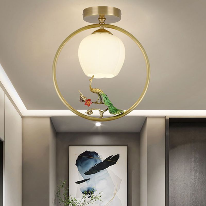 Opal Glass Brass Ceiling Lamp Inverted Bud 1 Bulb Rural Style Ring Flush Mount Light with Peacock Decor