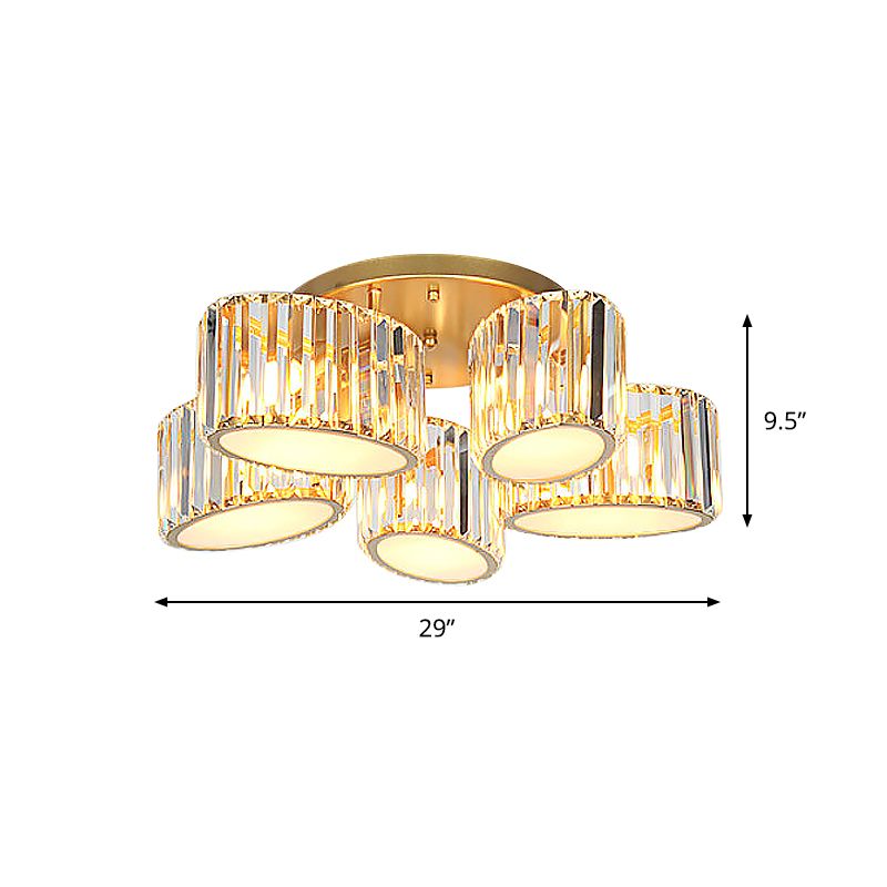 Post Modern Oval/Teardrop Semi Flush Lamp 5-Light Carved Crystal Ceiling Mounted Fixture in Gold