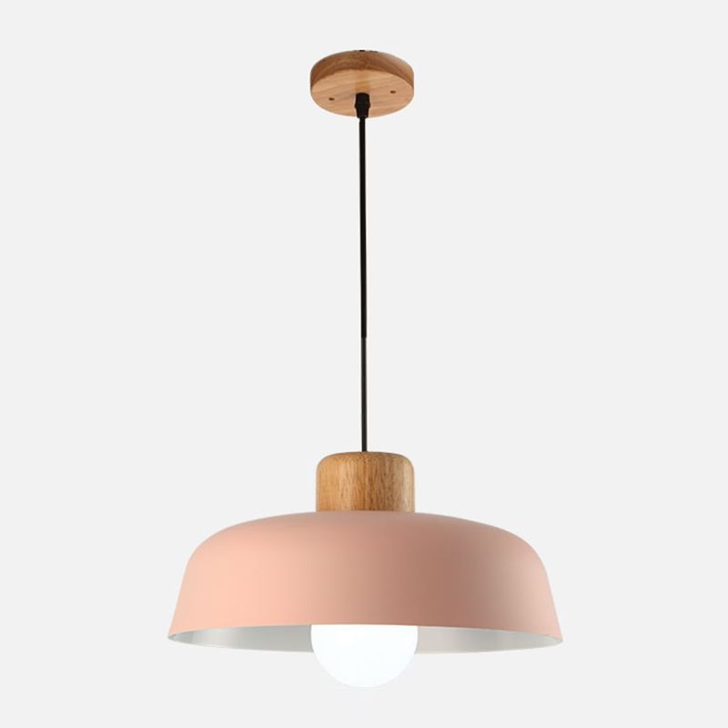 Modern Creative Single Pendant Light Wooden Dome Macaron Hanging Lamp with Iron Shade