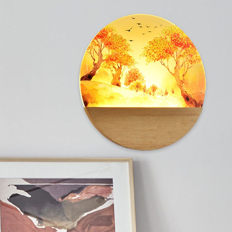 Acrylic Circular Autumn Trees Wall Lighting Nordic Style LED Wood Wall Mural Light for Corridor