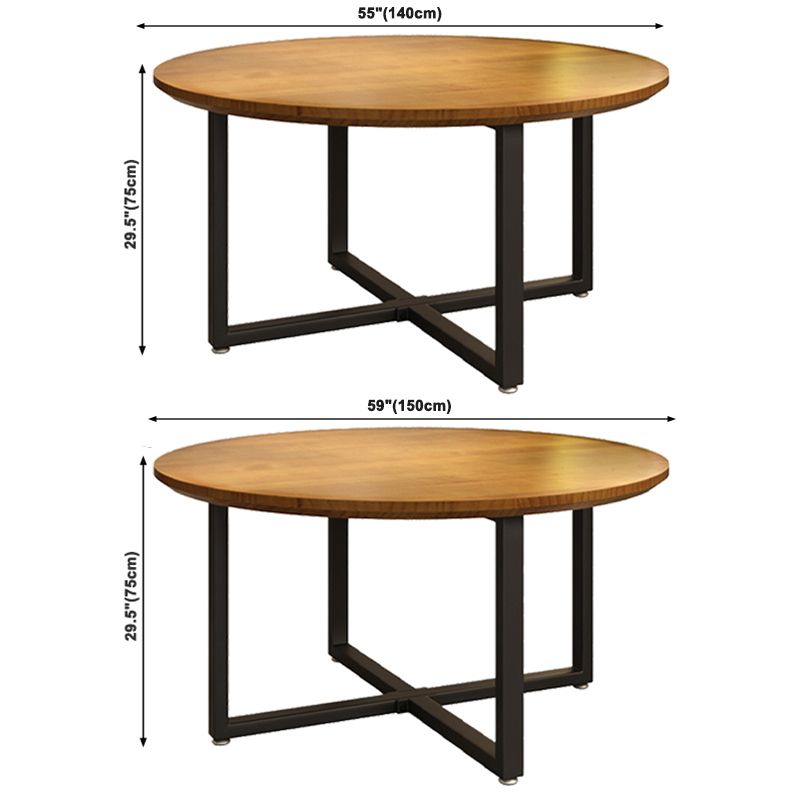 Contemporary Style Wood Dining Table Round Shape Table with Metallic Trestle Base