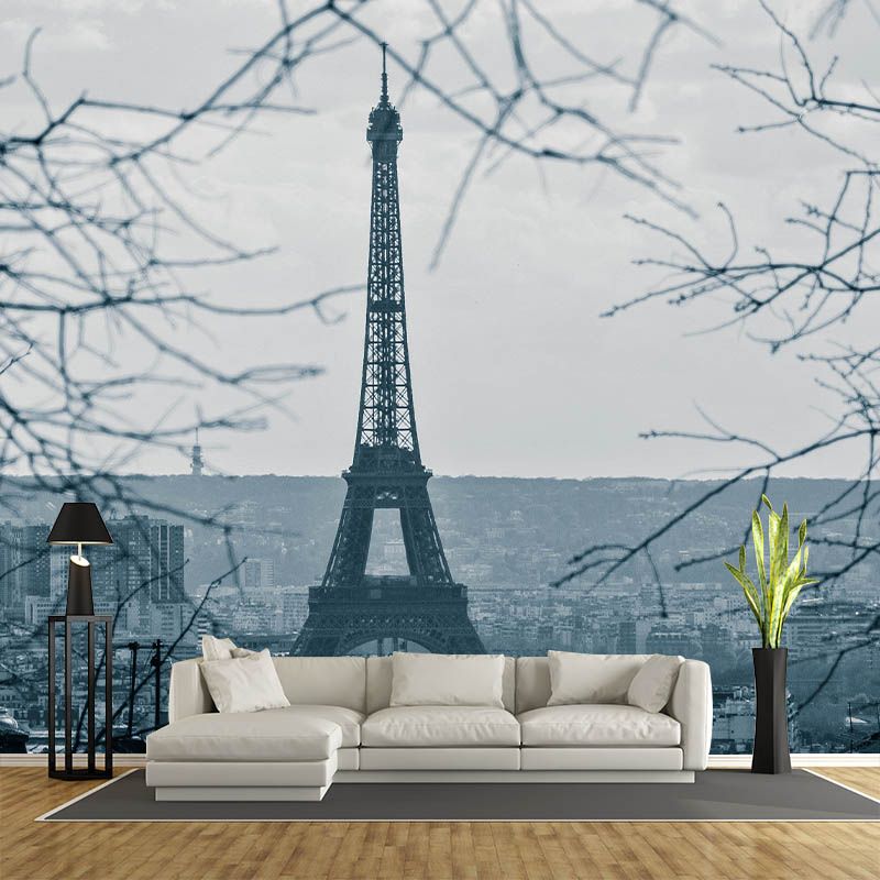 Tower Construction Illustration Pattern Mildew Wall Mural for Living Room