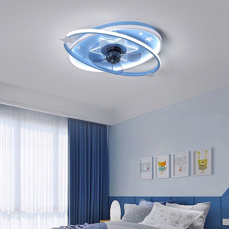 Oval Semi Flush Ceiling Light Kids Metal Bedroom LED Ceiling Fan Lamp Fixture