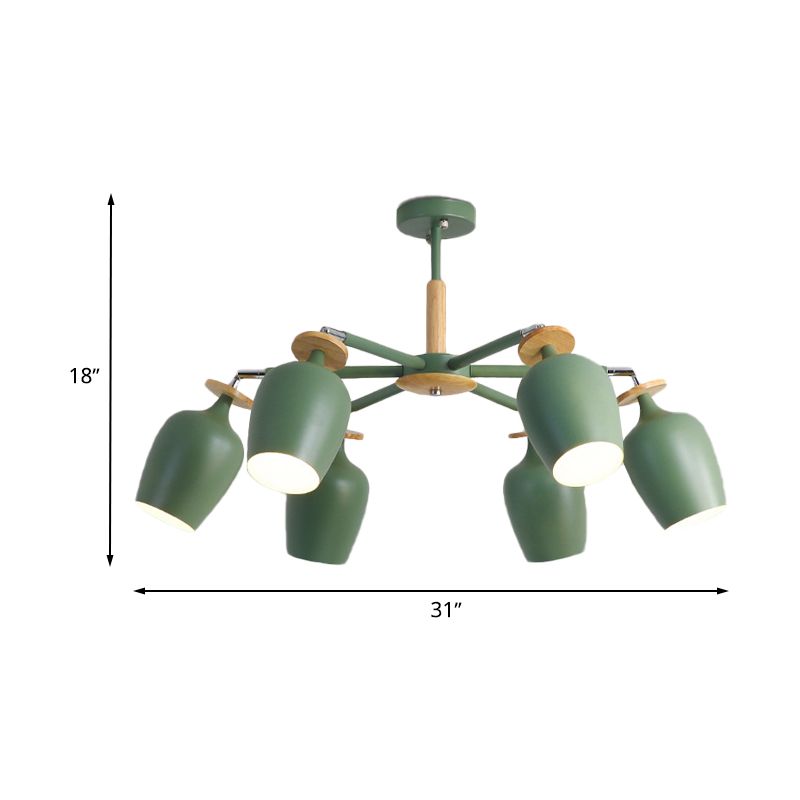 Green Tulip Semi Flush Light Fixture Contemporary 6/8 Bulbs Iron Flushmount Lighting with Wood Detail