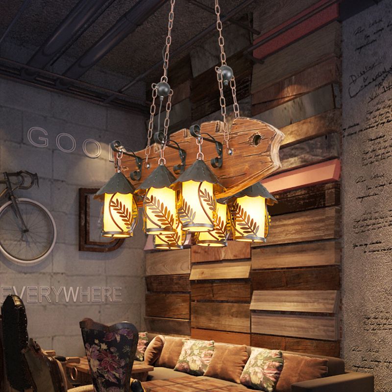 6 luces Lámpara de la isla Fábrica de tela blanca en forma de pescado/lámpara colgante de vidrio transparente en negro para comedor con brazo de metal